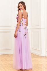 A-Linie lila Spaghettiträger Ballkleid mit 3D-Blumen